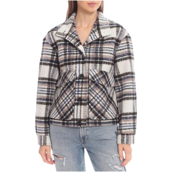Avec Les Filles Brushed Plaid Bone & Black Oversized Button Up Coat Jacket M - Picture 11 of 11